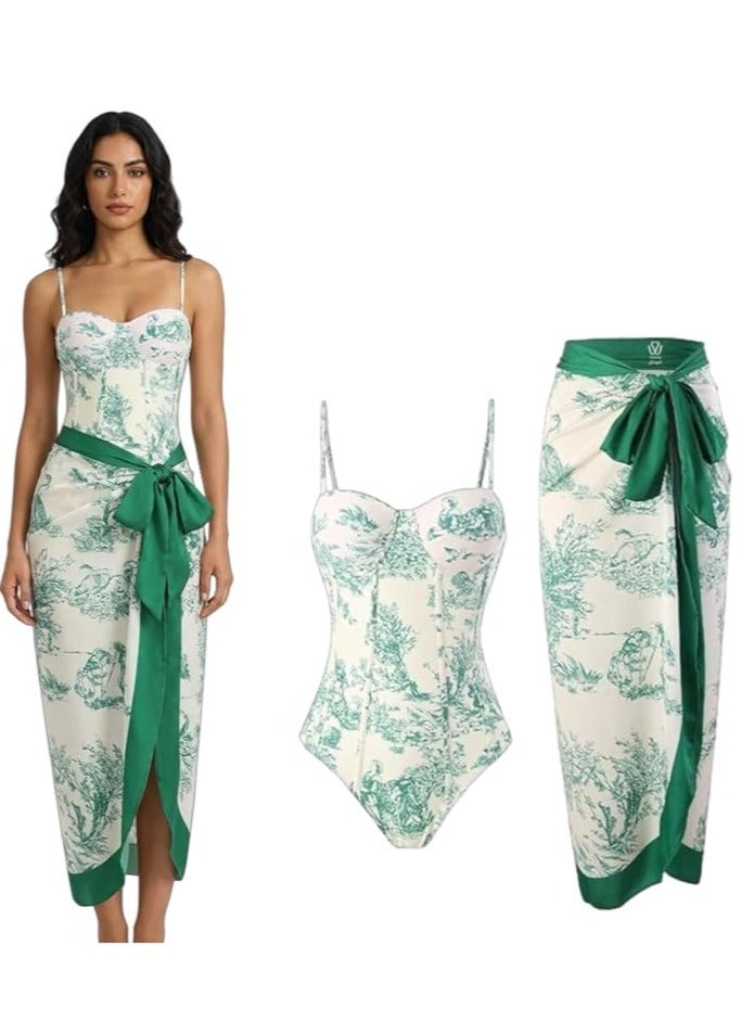 Showday European American Women's Bikini Bathing Suit Women's One Piece Swimsuit with Beach Cover up Wrap Skirt Floral Tummy Control Tankini Set 2 Piece Swimsuit Outfits - Image 1